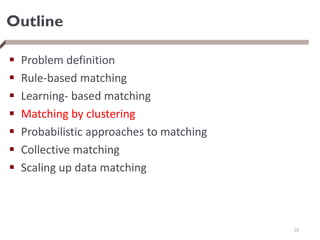 Outline
 Problem definition
 Rule-based matching
 Learning- based matching
 Matching by clustering
 Probabilistic approaches to matching
 Collective matching
 Scaling up data matching
25
 