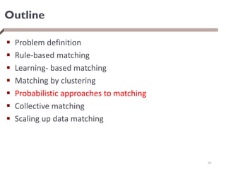 Outline
 Problem definition
 Rule-based matching
 Learning- based matching
 Matching by clustering
 Probabilistic approaches to matching
 Collective matching
 Scaling up data matching
30
 