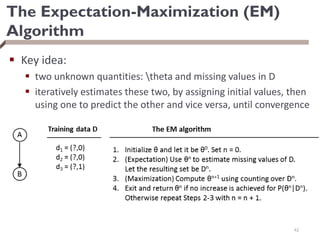 The Expectation-Maximization (EM)
Algorithm
 Key idea:
 two unknown quantities: theta and missing values in D
 iteratively estimates these two, by assigning initial values, then
using one to predict the other and vice versa, until convergence
42
 