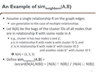 An Example of simneighbors(A,B)
 Assume a single relationship R on the graph edges
 can generalize to the case of multiple relationships
 Let N(A) be the bags of the cluster IDs of all nodes that
are in relationship R with some node in A
 e.g., cluster A has two nodes a and a’,
a is in relationship R with node b with cluster ID 3, and
a’ is in relationship R with node b’ with cluster ID 3
and another node b’’ with cluster ID 5
 N(A) = {3, 3, 5}
 Define simneighbors(A,B) =
Jaccard(N(A),N(B)) = |N(A) Å N(B)| / |N(A) [ N(B)|
63
 