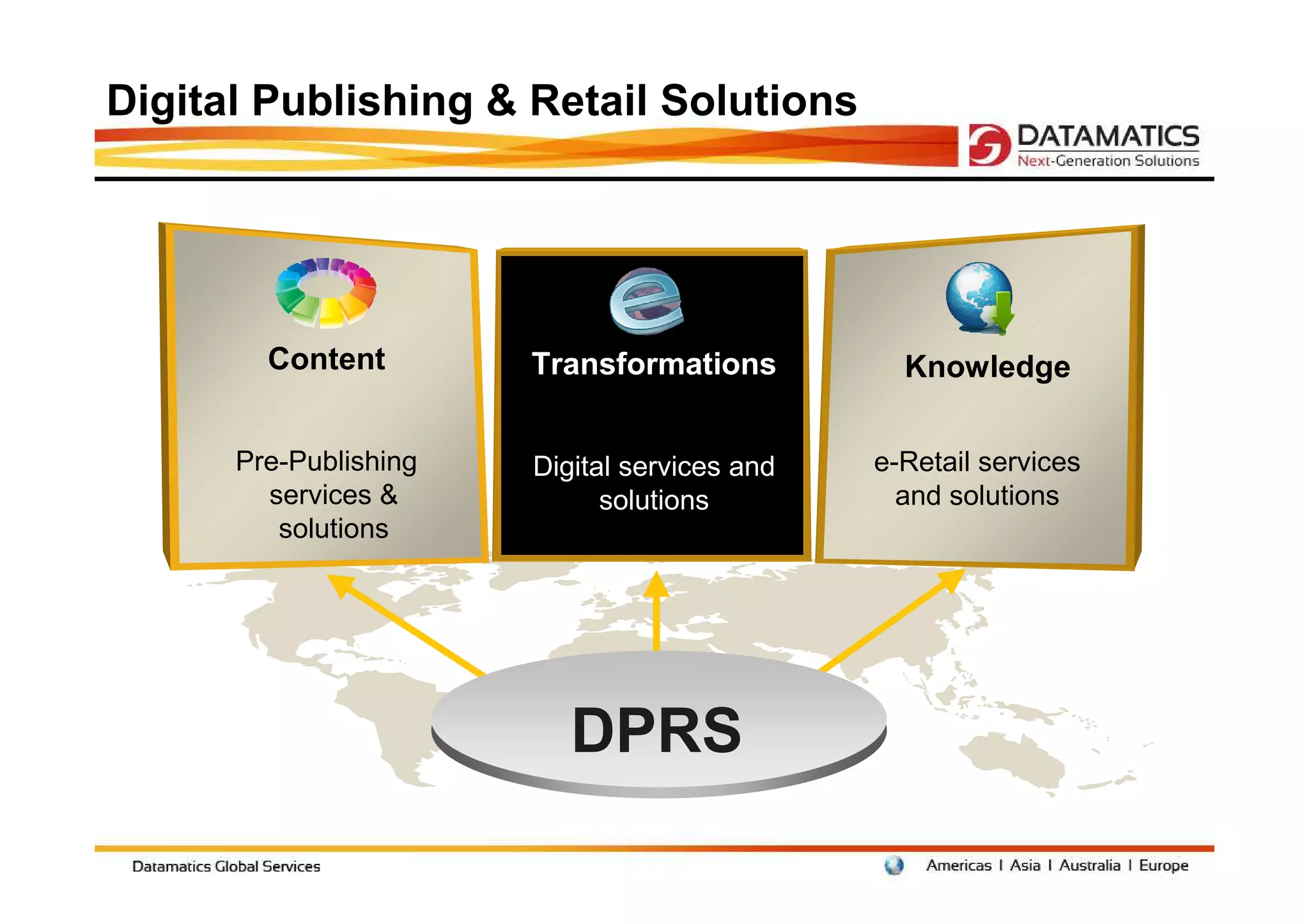 Digital Publishing & Retail Solutions




        Content        Transformations          Knowledge

      Pre-Publishing   Digital services and   e-Retail services
        services &           solutions          and solutions
         solutions




                          DPRS
 