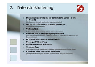 2. Datenstrukturierung

        Datenstrukturierung bis ins semantische Detail (in xml
        und word)
        (die Daten werden nach bestimmten Regeln strukturiert)

        Nachstrukturieren/Nachtaggen von Daten
        (Tag=Auszeichnungselement)

        Verlinkungen
        (Hyperlinks für elektronische Produkte prüfen oder setzen)

        Erstellen von Auszeichnungsregelwerken
        (z.B. Dokumenttype Definition = setzt die Regeln zur Auszeichnung/Erfassung der
        Dokumente fest)
        DTD- und XML-Schema-Anpassungen
        Datenqualitätsprüfung
        Autorkorrekturen ausführen
        Contentpflege
        (z.B. Redaktion eines Webforums, Pflege von Online-Angeboten=Online-Shops)

        Korrektur lesen und in xml ausführen
        (nach Rechtschreibung und Struktur, nicht inhaltlich, das wäre lektorieren)
 