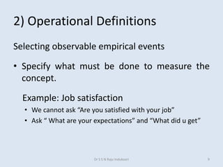 2) Operational Definitions
Selecting observable empirical events
• Specify what must be done to measure the
concept.
Example: Job satisfaction
• We cannot ask “Are you satisfied with your job”
• Ask “ What are your expectations” and “What did u get”
Dr S S N Raju Indukoori 9
 