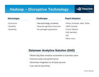 Hadoop - Disruptive Technology

Advantages!            Challenges!                       Rapid Adoption!

•Economics             •Raw technology, complexity       •Yahoo, Facebook, eBay, Twitter
•Flexibility           •Requires significant resources   •JPMC, Schwab
•Scalability           •No packaged applications         •France Telekom
                                                         •GAP, Wal-Mart
                                                         •CIA
                                                         •Many more...




               Datameer Analytics Solution (DAS)!
               •Makes Big Data analytics accessible to business users
               •Extreme scale and performance
               •Seamless integration to all data sources
               •Low cost of ownership

                                                                                © 2011, Datameer
 