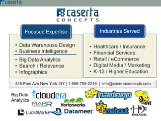 Focused Expertise                     Industries Served

 • Data Warehouse Design              •   Healthcare / Insurance
 • Business Intelligence              •   Financial Services
 • Big Data Analytics                 •   Retail / eCommerce
 • Search / Relevance                 •   Digital Media / Marketing
 • Infographics                       •   K-12 / Higher Education

 445 Park Ave New York, NY | 1-855-755-2246 | info@casertaconcepts.com

Big Data
Analytics
 