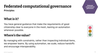 © 2023 Thoughtworks
Federated computational governance
20
Principles
Federated
computational
governance
What is it?
You have general guidance that make the requirements of good
citizenship clear to everyone in the mesh, leaning on automation
whenever possible.
Where’s the value?
By managing with constraints, rather than inspecting individual items,
we empower teams. By using automation, we scale, reduce handoffs
and encourage interoperability.
 
