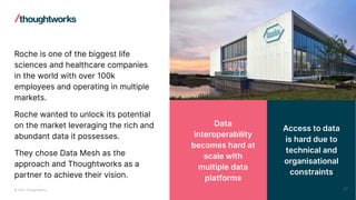 © 2023 Thoughtworks
Roche is one of the biggest life
sciences and healthcare companies
in the world with over 100k
employees and operating in multiple
markets.
Roche wanted to unlock its potential
on the market leveraging the rich and
abundant data it possesses.
They chose Data Mesh as the
approach and Thoughtworks as a
partner to achieve their vision.
Access to data
is hard due to
technical and
organisational
constraints
Data
interoperability
becomes hard at
scale with
multiple data
platforms
27
 