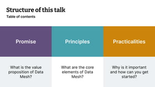 © 2023 Thoughtworks 4
Promise
What is the value
proposition of Data
Mesh?
Principles
What are the core
elements of Data
Mesh?
Practicalities
Why is it important
and how can you get
started?
Structure of this talk
Table of contents
 