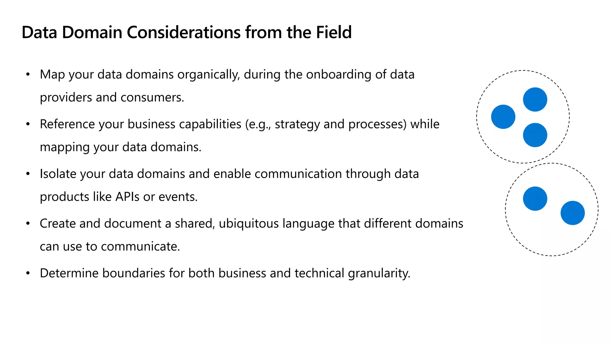 • Map your data domains organically, during the onboarding of data
providers and consumers.
• Reference your business capabilities (e.g., strategy and processes) while
mapping your data domains.
• Isolate your data domains and enable communication through data
products like APIs or events.
• Create and document a shared, ubiquitous language that different domains
can use to communicate.
• Determine boundaries for both business and technical granularity.
Data Domain Considerations from the Field
 