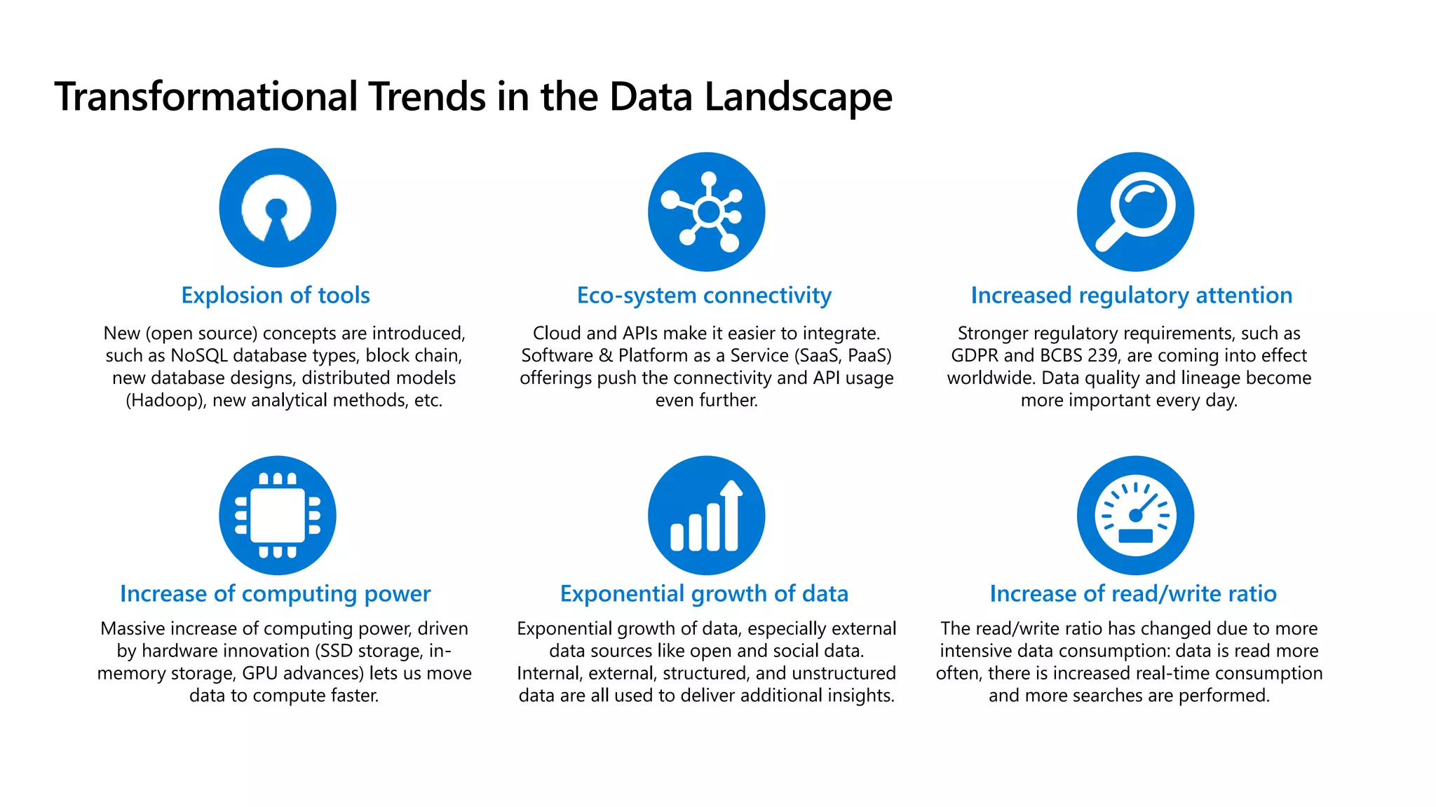 Transformational Trends in the Data Landscape
Massive increase of computing power, driven
by hardware innovation (SSD storage, in-
memory storage, GPU advances) lets us move
data to compute faster.
Cloud and APIs make it easier to integrate.
Software & Platform as a Service (SaaS, PaaS)
offerings push the connectivity and API usage
even further.
Explosion of tools
New (open source) concepts are introduced,
such as NoSQL database types, block chain,
new database designs, distributed models
(Hadoop), new analytical methods, etc.
Exponential growth of data, especially external
data sources like open and social data.
Internal, external, structured, and unstructured
data are all used to deliver additional insights.
Eco-system connectivity
Exponential growth of data
Increase of computing power
Stronger regulatory requirements, such as
GDPR and BCBS 239, are coming into effect
worldwide. Data quality and lineage become
more important every day.
Increased regulatory attention
The read/write ratio has changed due to more
intensive data consumption: data is read more
often, there is increased real-time consumption
and more searches are performed.
Increase of read/write ratio
 