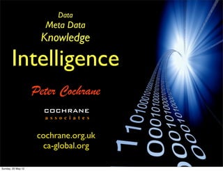 Data
                       Meta Data
                      Knowledge

       Intelligence
                    Peter Cochrane
                      COCHRANE
                       a s s o c i a t e s


                     cochrane.org.uk
                      ca-global.org

Sunday, 20 May 12
 