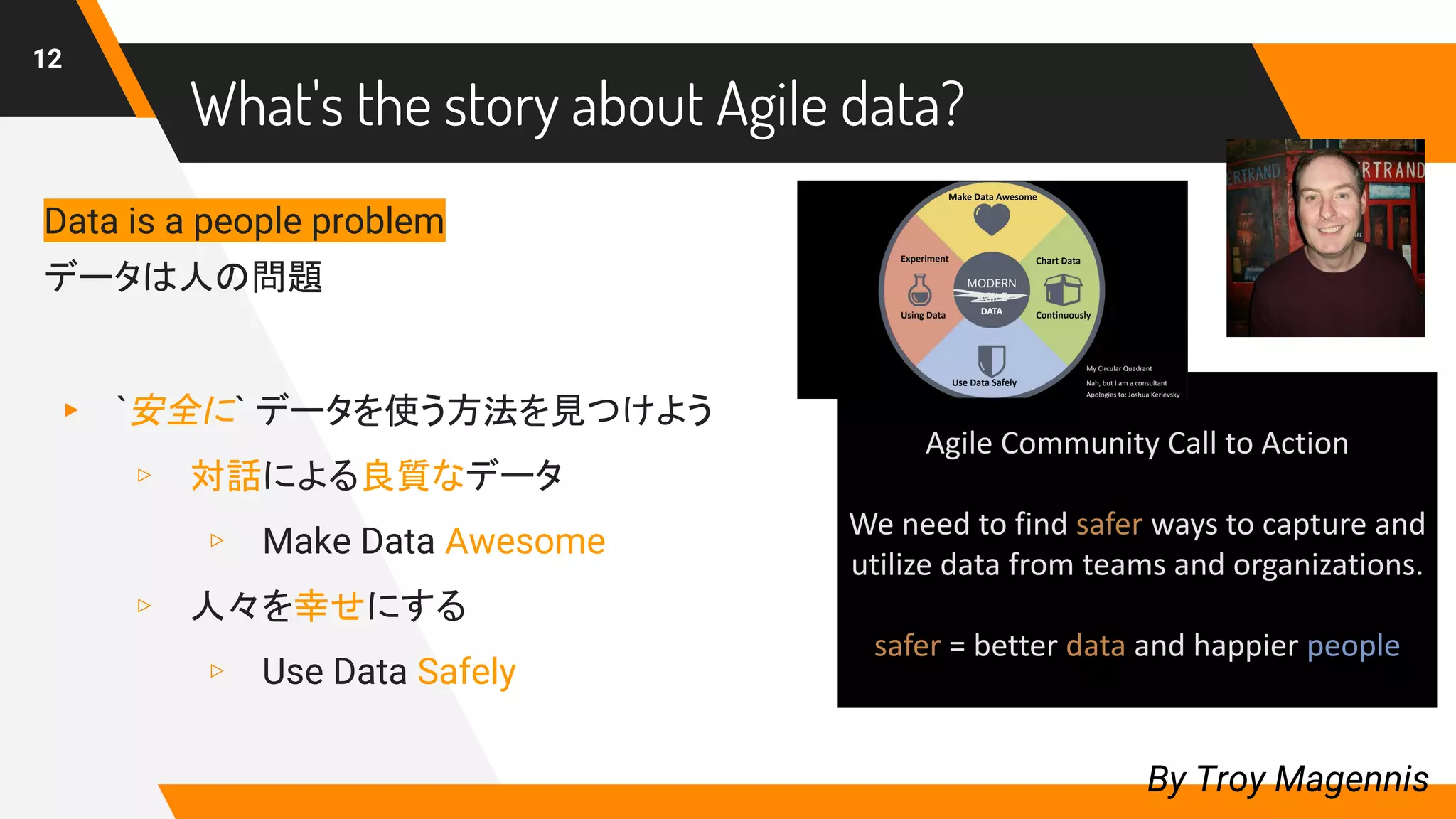 What's the story about Agile data?
12
By Troy Magennis
Data is a people problem
データは人の問題
▸ `安全に` データを使う方法を見つけよう
▹ 対話による良質なデータ
▹ Make Data Awesome
▹ 人々を幸せにする
▹ Use Data Safely
 