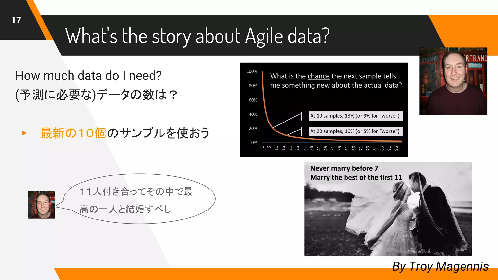 How much data do I need?
(予測に必要な)データの数は？
▸ 最新の１０個のサンプルを使おう
What's the story about Agile data?
17
By Troy Magennis
１１人付き合ってその中で最
高の一人と結婚すべし
 