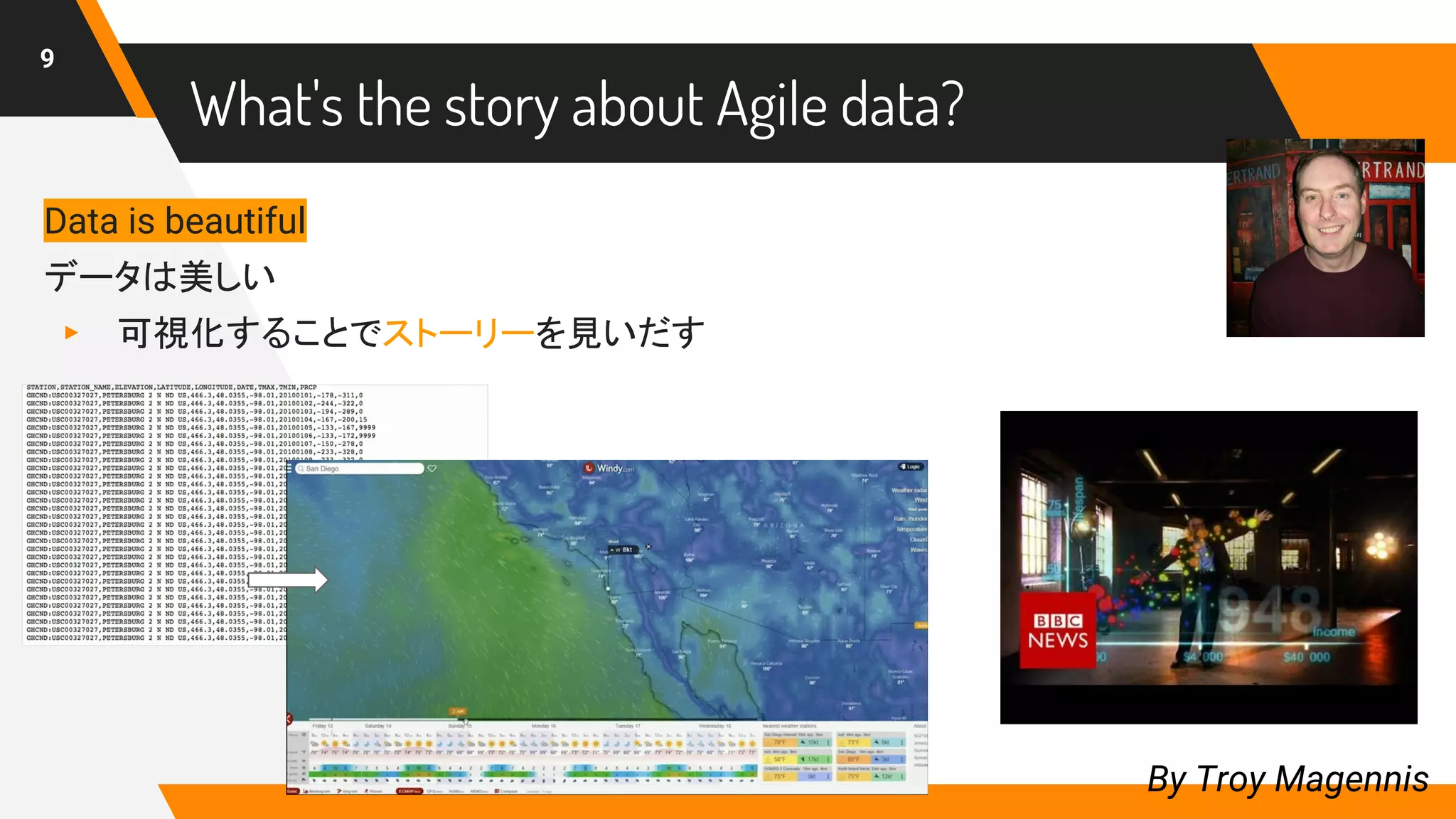 What's the story about Agile data?
9
By Troy Magennis
Data is beautiful
データは美しい
▸ 可視化することでストーリーを見いだす
 
