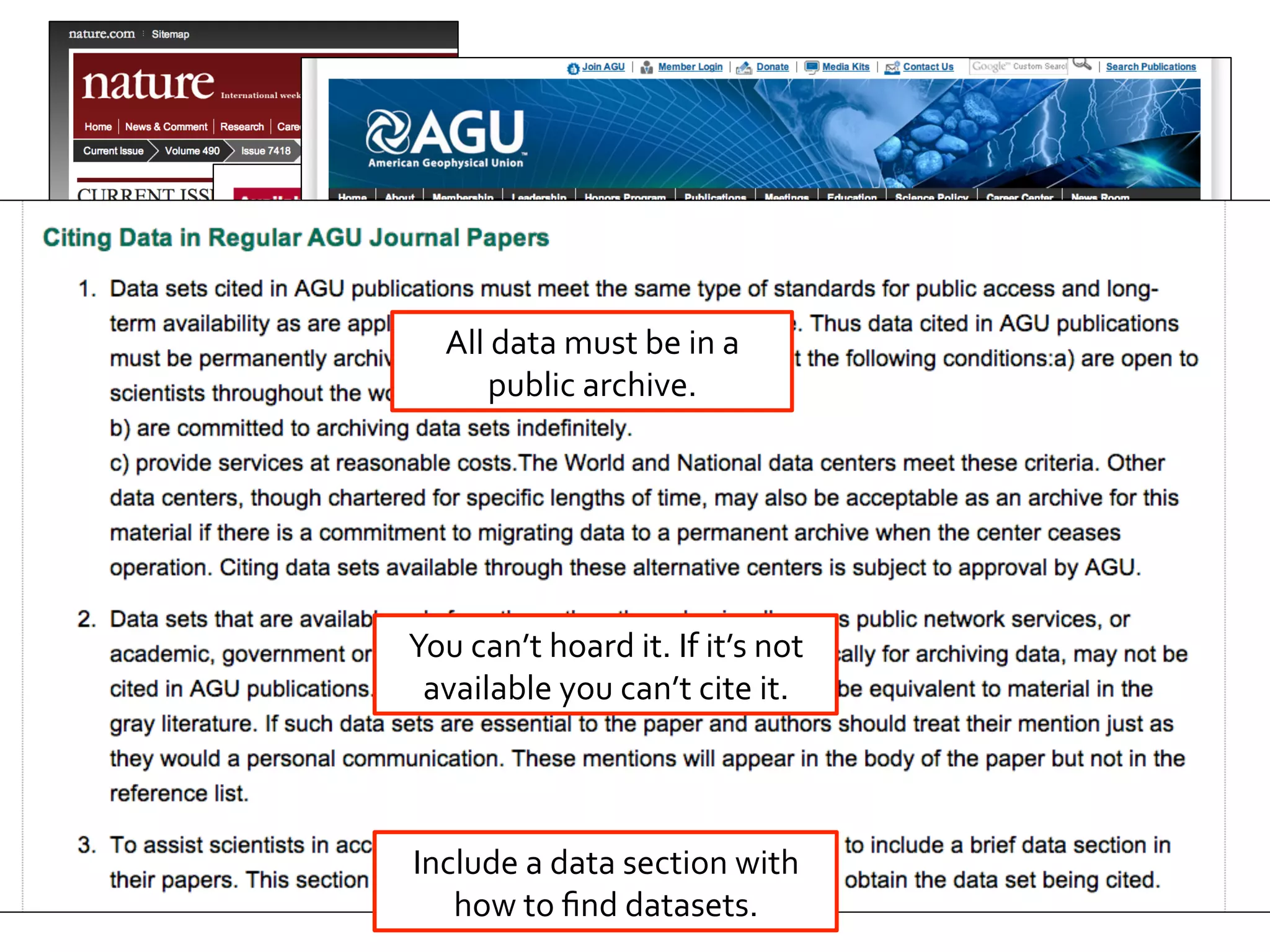 Because	
  they	
  care:	
  
All	
  data	
  must	
  be	
  in	
  a	
  
public	
  archive.	
  

You	
  can’t	
  hoard	
  it.	
  If	
  it’s	
  not	
  
available	
  you	
  can’t	
  cite	
  it.	
  

Include	
  a	
  data	
  section	
  with	
  
how	
  to	
  ﬁnd	
  datasets.	
  

 