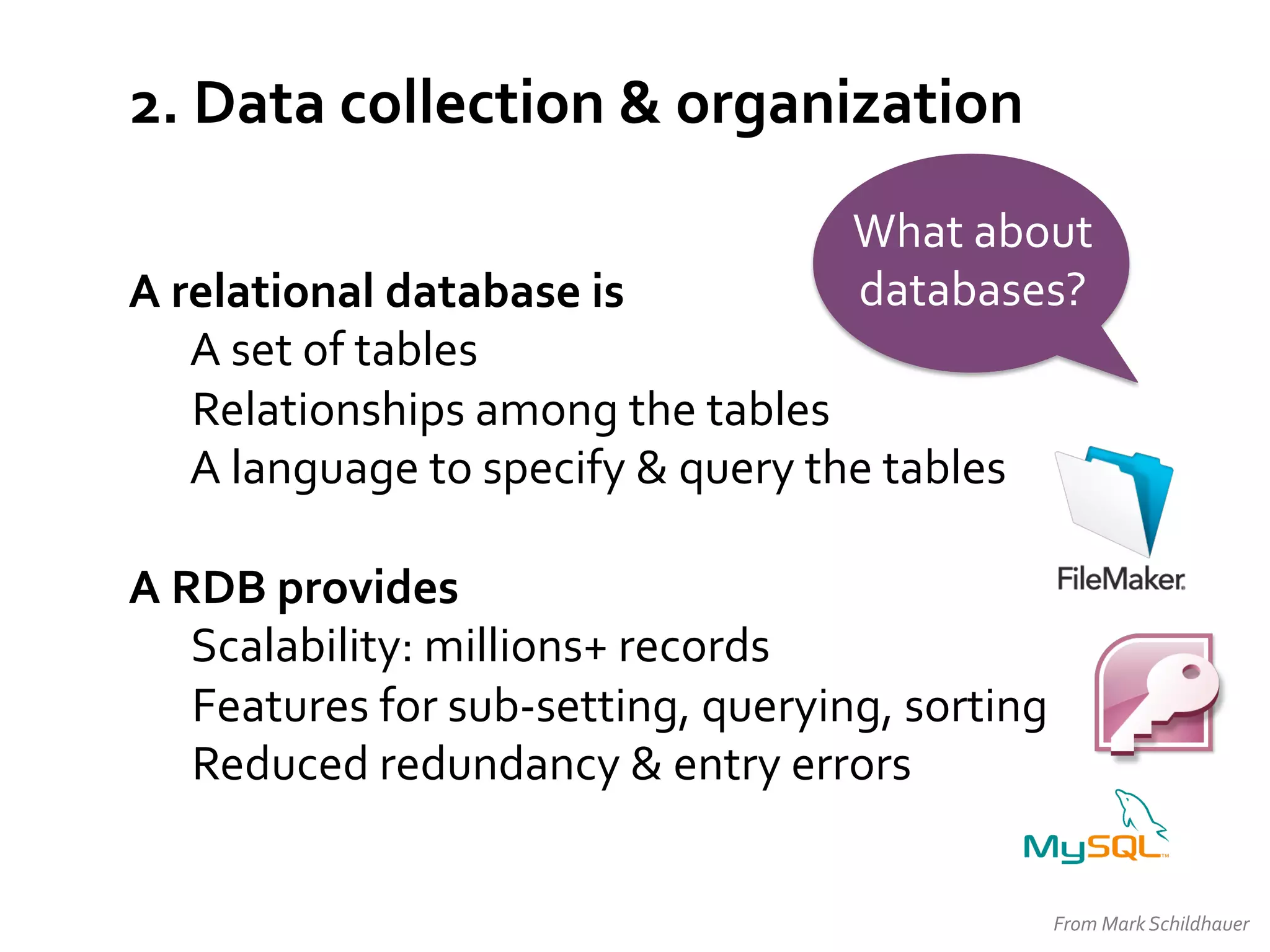 2.	
  Data	
  collection	
  &	
  organization	
  
What	
  about	
  
databases?	
  

A	
  relational	
  database	
  is	
  	
  
	
  A	
  set	
  of	
  tables	
  
	
  Relationships	
  among	
  the	
  tables	
  
	
  A	
  language	
  to	
  specify	
  &	
  query	
  the	
  tables	
  
	
  
A	
  RDB	
  provides	
  
	
  Scalability:	
  millions+	
  records	
  
	
  Features	
  for	
  sub-­‐setting,	
  querying,	
  sorting	
  
	
  Reduced	
  redundancy	
  &	
  entry	
  errors	
  
	
  

From	
  Mark	
  Schildhauer	
  

 