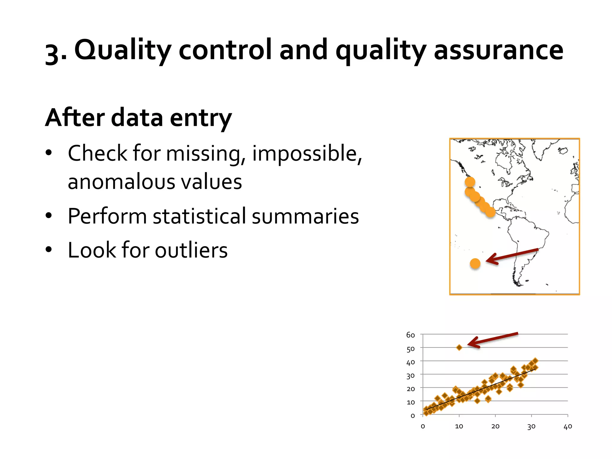 3.	
  Quality	
  control	
  and	
  quality	
  assurance	
  
After	
  data	
  entry	
  
•  Check	
  for	
  missing,	
  impossible,	
  
anomalous	
  values	
  
•  Perform	
  statistical	
  summaries	
  	
  
•  Look	
  for	
  outliers	
  
	
  
60	
  
50	
  
40	
  
30	
  
20	
  
10	
  
0	
  
0	
  

10	
  

20	
  

30	
  

40	
  

 
