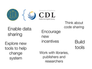 Enable data
sharing
Encourage
new
incentives 
Think about
code sharing
Work with libraries,
publishers and
researchers
Explore new
tools to help
change
system

Build
tools 
 