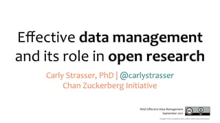 Eﬀective data management
and its role in open research
Carly Strasser, PhD | @carlystrasser
Chan Zuckerberg Initiative
NISO Eﬀective Data Management
September 2021
Images from unsplash.com unless otherwise attributed
 