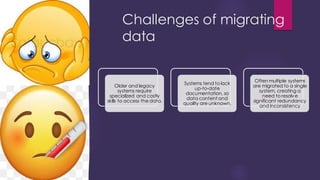 Challenges of migrating
data
Older and legacy
systems require
specialized and costly
skills to access the data.
Systems tend to lack
up-to-date
documentation, so
data content and
quality are unknown.
Often multiple systems
are migrated to a single
system, creating a
need to resolve
significant redundancy
and inconsistency
 