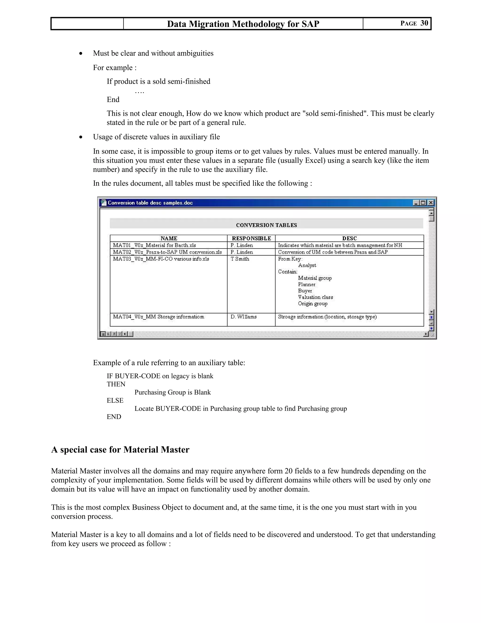 Data Migration Methodology for SAP PAGE 30
• Must be clear and without ambiguities
For example :
If product is a sold semi-finished
….
End
This is not clear enough, How do we know which product are "sold semi-finished". This must be clearly
stated in the rule or be part of a general rule.
• Usage of discrete values in auxiliary file
In some case, it is impossible to group items or to get values by rules. Values must be entered manually. In
this situation you must enter these values in a separate file (usually Excel) using a search key (like the item
number) and specify in the rule to use the auxiliary file.
In the rules document, all tables must be specified like the following :
Example of a rule referring to an auxiliary table:
IF BUYER-CODE on legacy is blank
THEN
Purchasing Group is Blank
ELSE
Locate BUYER-CODE in Purchasing group table to find Purchasing group
END
A special case for Material Master
Material Master involves all the domains and may require anywhere form 20 fields to a few hundreds depending on the
complexity of your implementation. Some fields will be used by different domains while others will be used by only one
domain but its value will have an impact on functionality used by another domain.
This is the most complex Business Object to document and, at the same time, it is the one you must start with in you
conversion process.
Material Master is a key to all domains and a lot of fields need to be discovered and understood. To get that understanding
from key users we proceed as follow :
 