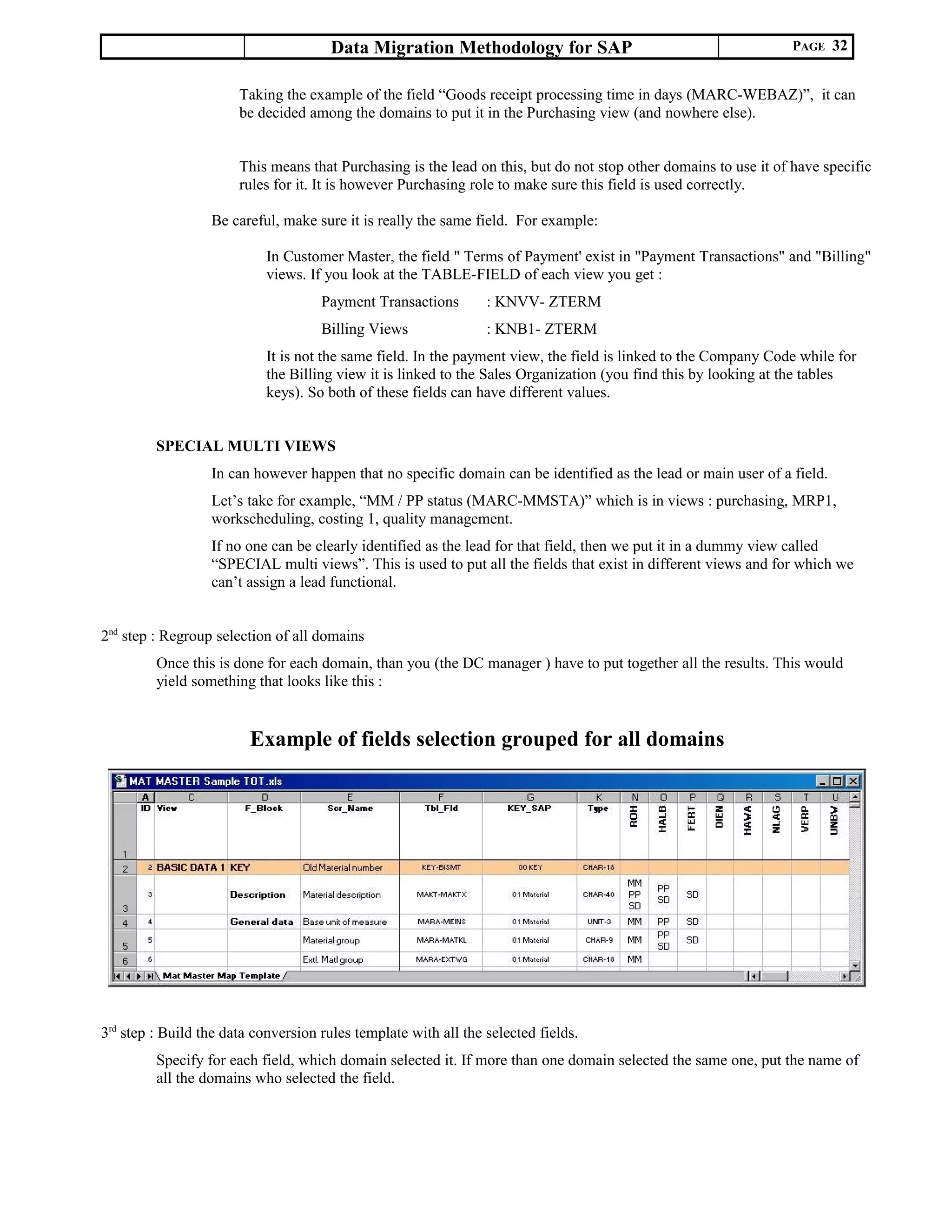 Data Migration Methodology for SAP PAGE 32
Taking the example of the field “Goods receipt processing time in days (MARC-WEBAZ)”, it can
be decided among the domains to put it in the Purchasing view (and nowhere else).
This means that Purchasing is the lead on this, but do not stop other domains to use it of have specific
rules for it. It is however Purchasing role to make sure this field is used correctly.
Be careful, make sure it is really the same field. For example:
In Customer Master, the field " Terms of Payment' exist in "Payment Transactions" and "Billing"
views. If you look at the TABLE-FIELD of each view you get :
Payment Transactions : KNVV- ZTERM
Billing Views : KNB1- ZTERM
It is not the same field. In the payment view, the field is linked to the Company Code while for
the Billing view it is linked to the Sales Organization (you find this by looking at the tables
keys). So both of these fields can have different values.
SPECIAL MULTI VIEWS
In can however happen that no specific domain can be identified as the lead or main user of a field.
Let’s take for example, “MM / PP status (MARC-MMSTA)” which is in views : purchasing, MRP1,
workscheduling, costing 1, quality management.
If no one can be clearly identified as the lead for that field, then we put it in a dummy view called
“SPECIAL multi views”. This is used to put all the fields that exist in different views and for which we
can’t assign a lead functional.
2nd
step : Regroup selection of all domains
Once this is done for each domain, than you (the DC manager ) have to put together all the results. This would
yield something that looks like this :
Example of fields selection grouped for all domains
3rd
step : Build the data conversion rules template with all the selected fields.
Specify for each field, which domain selected it. If more than one domain selected the same one, put the name of
all the domains who selected the field.
 