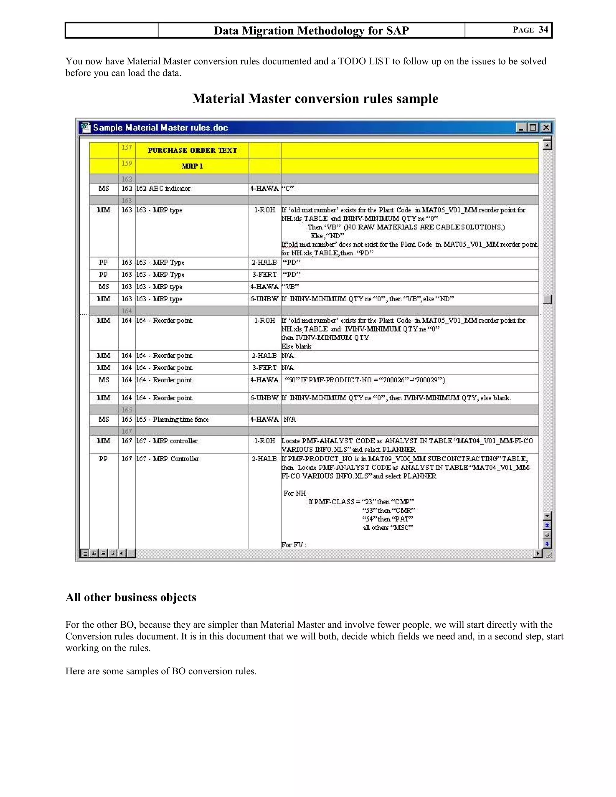 Data Migration Methodology for SAP PAGE 34
You now have Material Master conversion rules documented and a TODO LIST to follow up on the issues to be solved
before you can load the data.
Material Master conversion rules sample
All other business objects
For the other BO, because they are simpler than Material Master and involve fewer people, we will start directly with the
Conversion rules document. It is in this document that we will both, decide which fields we need and, in a second step, start
working on the rules.
Here are some samples of BO conversion rules.
 