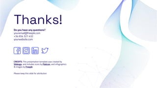 CREDITS: This presentation template was created by
Slidesgo, and includes icons by Flaticon, and infographics
& images by Freepik
Thanks!
Do you have any questions?
youremail@freepik.com
+34 654 321 432
yourwebsite.com
Please keep this slide for attribution
 