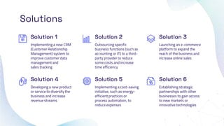 Solutions
Implementing a new CRM
(Customer Relationship
Management) system to
improve customer data
management and
sales tracking
Outsourcing specific
business functions (such as
accounting or IT) to a third-
party provider to reduce
some costs and increase
time efficiency
Developing a new product
or service to diversify the
business and increase
revenue streams
Implementing a cost-saving
initiative, such as energy-
efficient practices or
process automation, to
reduce expenses
Solution 1 Solution 2 Solution 3
Launching an e-commerce
platform to expand the
reach of the business and
increase online sales
Establishing strategic
partnerships with other
businesses to gain access
to new markets or
innovative technologies
Solution 4 Solution 5 Solution 6
 