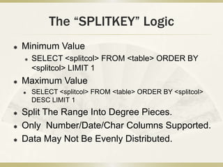 The “SPLITKEY” Logic
   Minimum Value
       SELECT <splitcol> FROM <table> ORDER BY
        <splitcol> LIMIT 1
   Maxi...