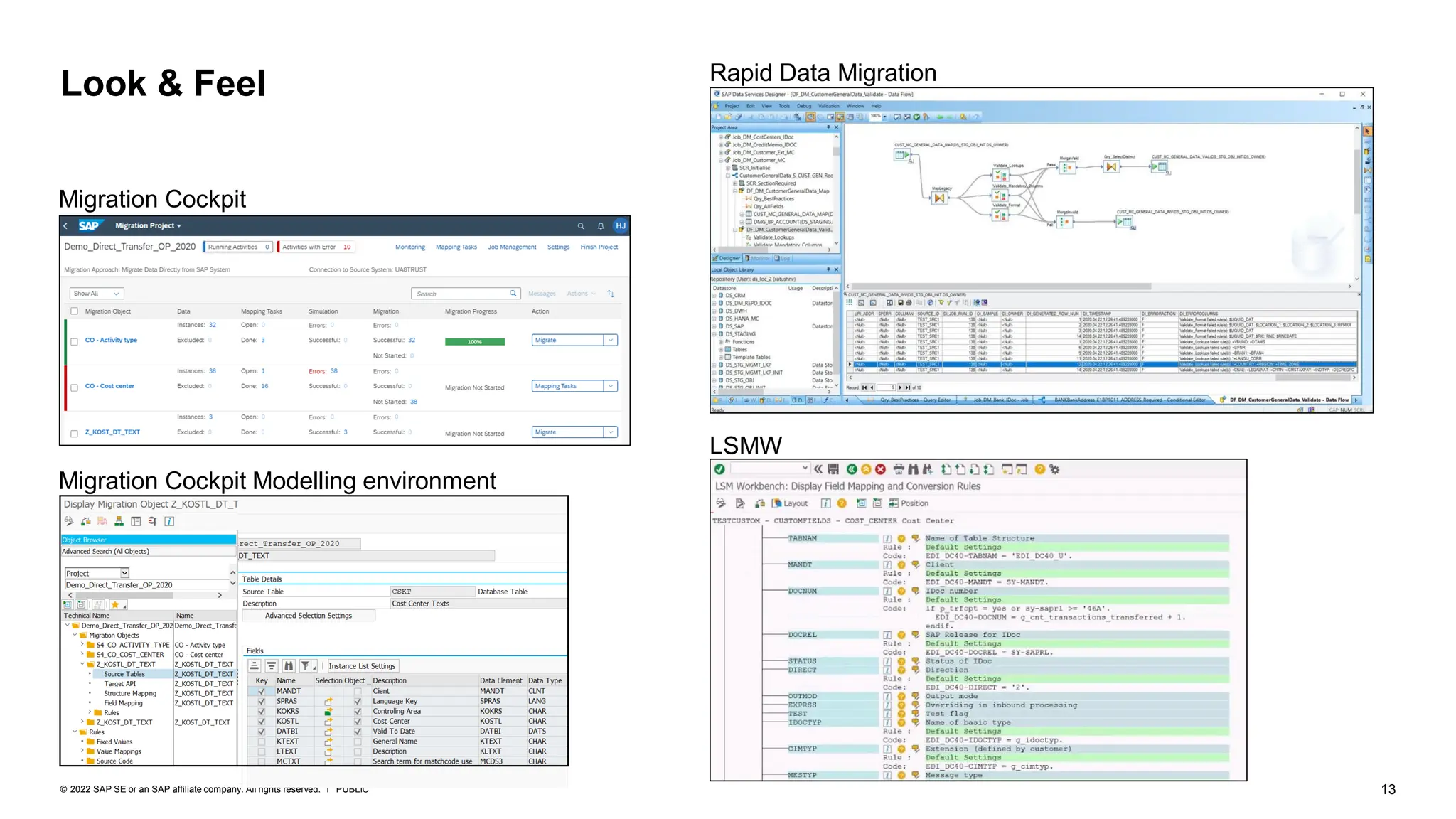 13
PUBLIC
© 2022 SAP SE or an SAP affiliate company. All rights reserved. ǀ
Migration Cockpit Modelling environment
Look & Feel
Migration Cockpit
Rapid Data Migration
LSMW
 