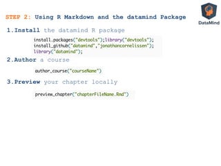 STEP 2: Using R Markdown and the datamind Package
1. Install the datamind R package
2. Author a course
3. Preview your chapter locally
 