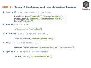 STEP 2: Using R Markdown and the datamind Package
1. Install the datamind R package
2. Author a course
3. Preview your chapter locally
4. Log in to DataMind.org
5. Upload a chapter to DataMind
 