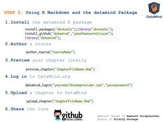 STEP 2: Using R Markdown and the datamind Package
1. Install the datamind R package
2. Author a course
3. Preview your chapter locally
4. Log in to DataMind.org
5. Upload a chapter to DataMind
6. Share the love
Special thanks to Ramnath Vaidyanathan
Author of Slidify Package
 