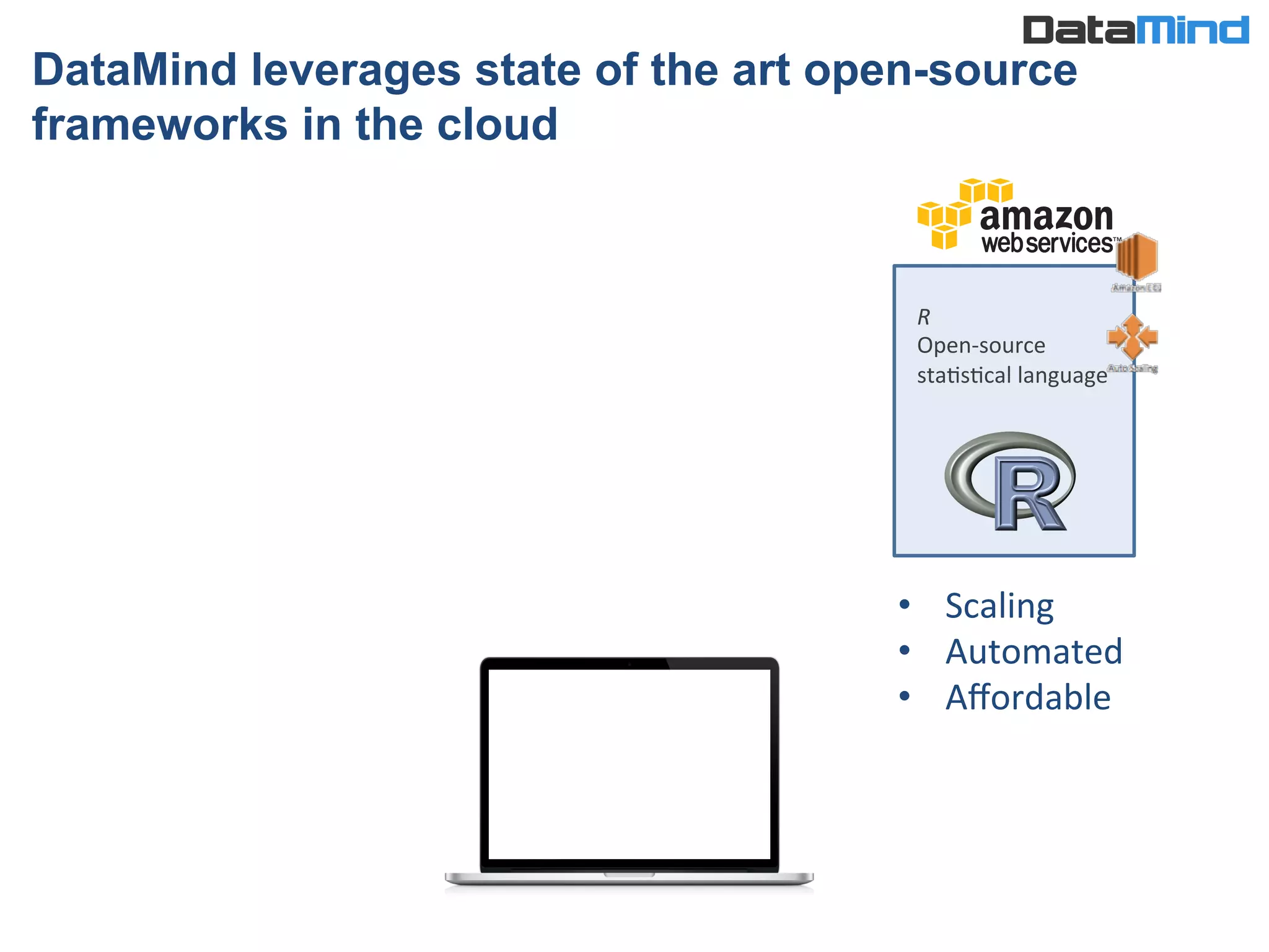 R	
  
Open-­‐source	
  
staIsIcal	
  language	
  
DataMind leverages state of the art open-source
frameworks in the cloud
•  Scaling	
  
•  Automated	
  
•  Aﬀordable	
  
 