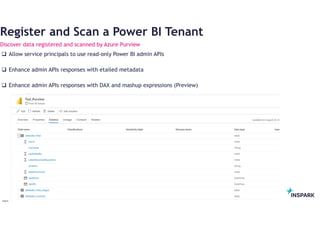 InSpark
Register and Scan a Power BI Tenant
Discover data registered and scanned by Azure Purview
 Allow service principa...