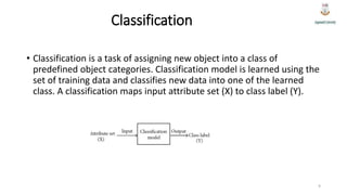 Classification
• Classification is a task of assigning new object into a class of
predefined object categories. Classification model is learned using the
set of training data and classifies new data into one of the learned
class. A classification maps input attribute set (X) to class label (Y).
9
 