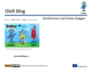Bearbeitung: Nina Steinhauer, Michael Gros
IDeR Blog
Schülerinnen und Schüler bloggenIndiviuell DifferEnziert Richtig schreiben
www.iderblog.eu
„Screenshot“ by „Iderblog“ CC BY 3.0 www.iderblog.eu (01.11.15) 14:28
 