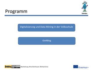 Bearbeitung: Nina Steinhauer, Michael Gros
Programm
Warum bloggen?
IDeRBlog
Relevanz von Geschriebenem
Digitalisierung und Data-Mining in der Volksschule
 