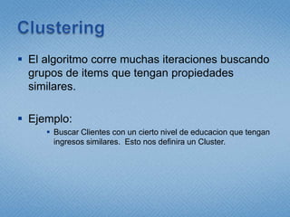 Sequence ClusteringEl algoritmocombinaanalisis de secuencias con cluster paraanalizar la transicion o cambios entre estados.Ejemplo:La prediccion del cluster indicaracualtransiciones la queocurrira en base a patronespasados