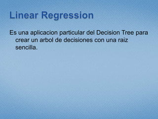 Time SeriesAnaliza el tiemporelacionado con datosusandounaregresion lineal. Ejemplo:Predecirlasventasfuturas en base a lasventas en el pasado.