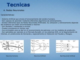 TecnicasA. RedesNeuronalesCaracterísticas:- Sistema Artificial queemula el funcionamiento del cerebrohumano.- Son capaces de aprendermediantediferentesalgoritmos de entrenamiento.- Existendiferentestipos de RedesNeuronalesArtificiales. Su utilización y entrenamientodepende del problemaqueesténencomendadas a resolver.- Son flexibles y resistentes a errores. - Puedenprocesarse en tiempo real.- Susprincipalesusos se dan en el reconocimiento de patrones y en los modelos de predicción.- Son aplicablesporejemplo en el Mercado Bursátil, en los sistemas OCR, en la Segmentación de Clientes, en predicciones de Demanda y especialmente en Detección de Fraudes y Riesgos.Neurona HumanaNeurona ArtificialRed Neuronal Artificial