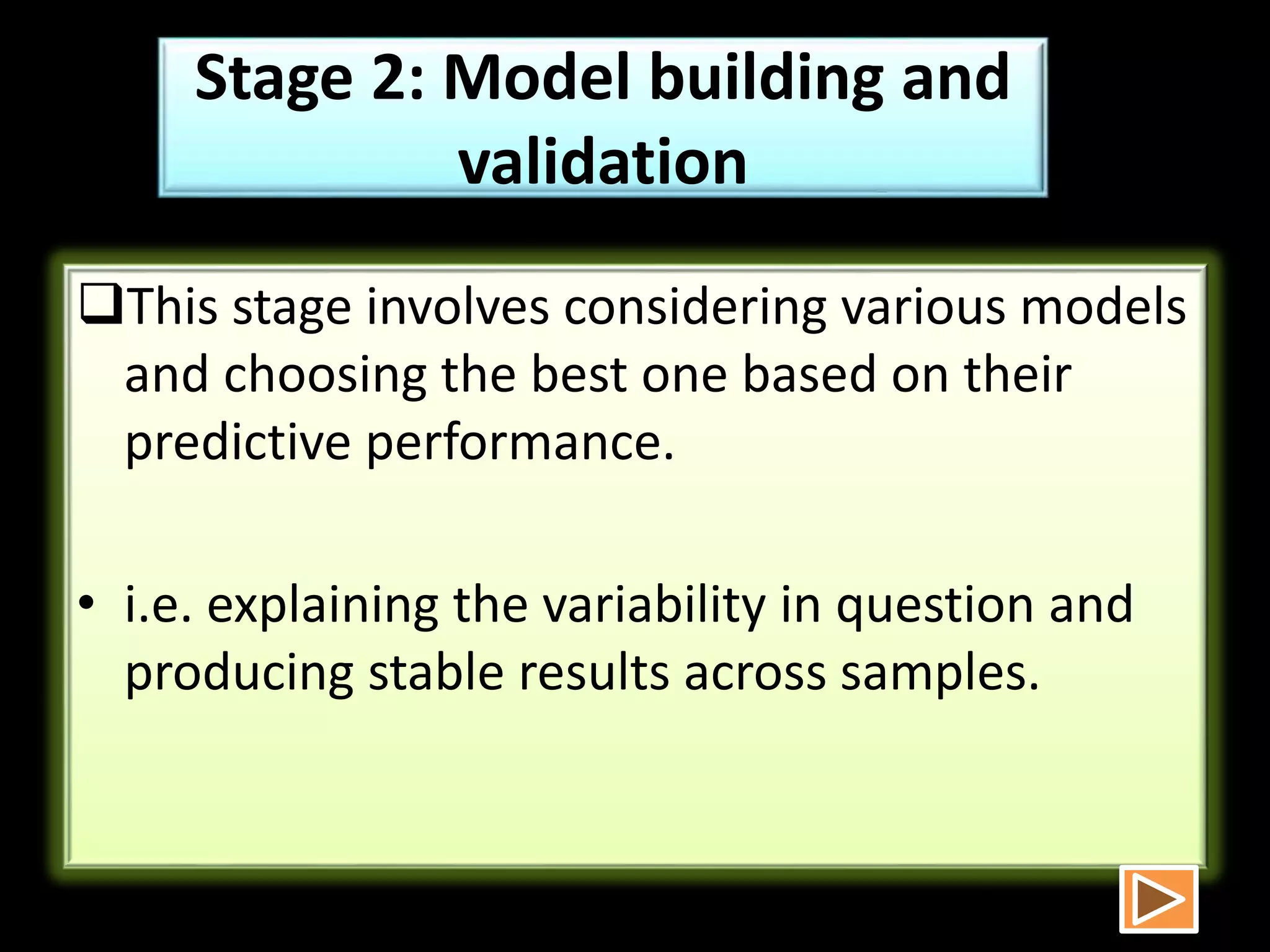 Stage 2: Model building and
validation
This stage involves considering various models
and choosing the best one based on their
predictive performance.
• i.e. explaining the variability in question and
producing stable results across samples.
 