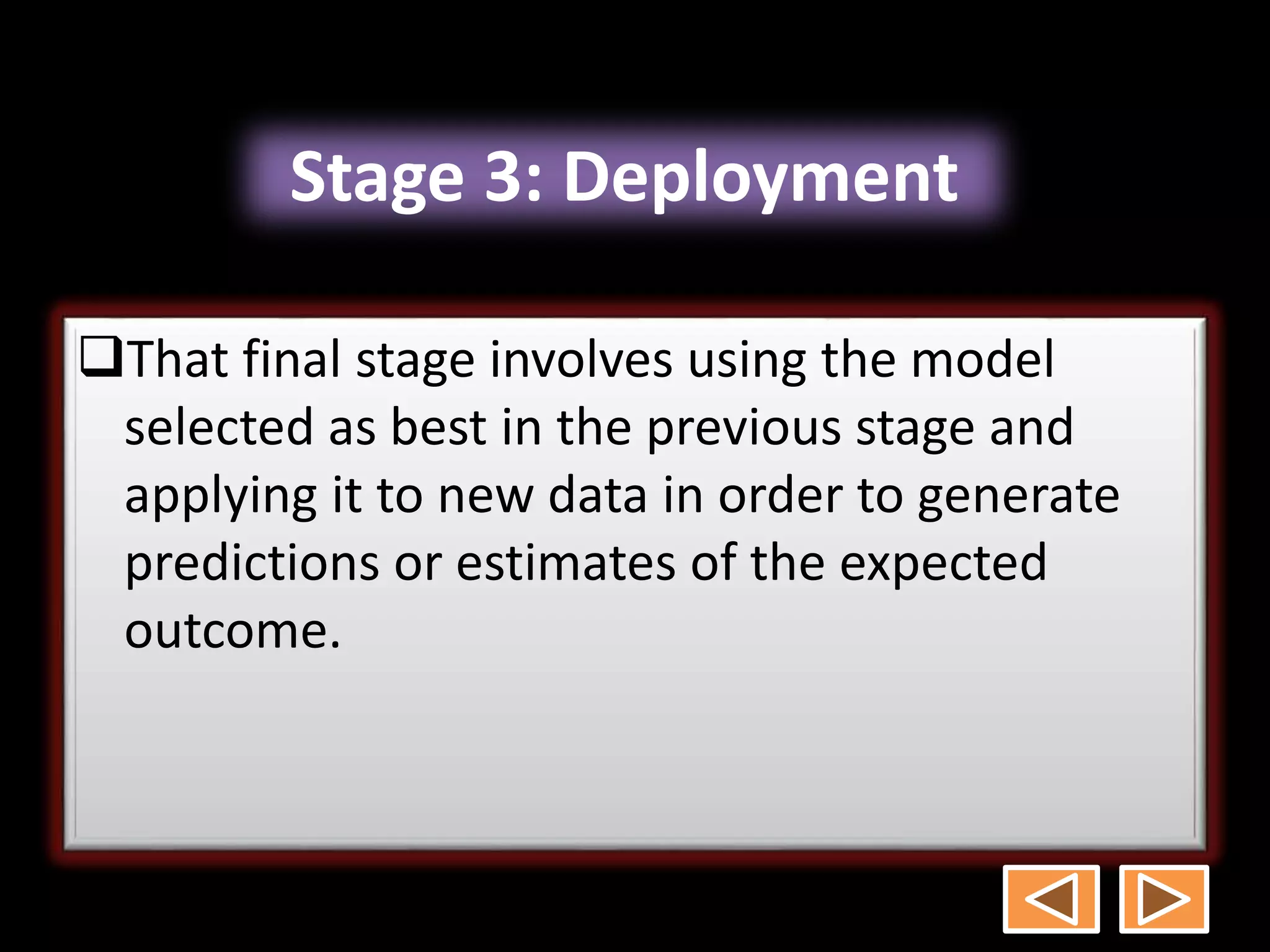 Stage 3: Deployment
That final stage involves using the model
selected as best in the previous stage and
applying it to new data in order to generate
predictions or estimates of the expected
outcome.
 