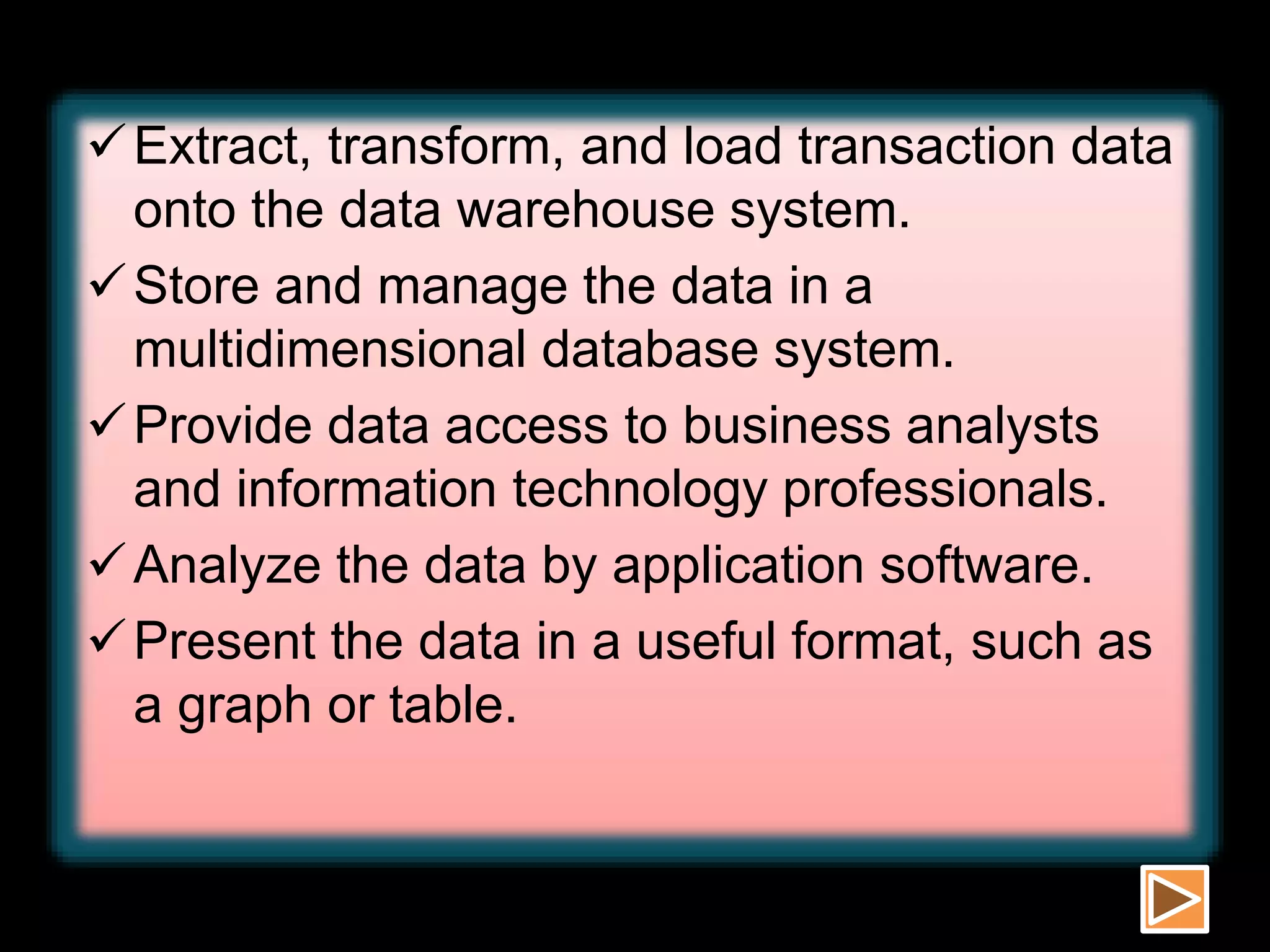 Extract, transform, and load transaction data
onto the data warehouse system.
Store and manage the data in a
multidimensional database system.
Provide data access to business analysts
and information technology professionals.
Analyze the data by application software.
Present the data in a useful format, such as
a graph or table.
 