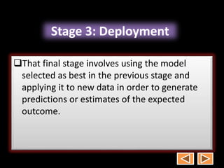 Stage 3: Deployment
That final stage involves using the model
selected as best in the previous stage and
applying it to new data in order to generate
predictions or estimates of the expected
outcome.
 