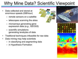 Why Mine Data? Scientific Viewpoint Data collected and stored at  enormous speeds (GB/hour) remote sensors on a satellite telescopes scanning the skies microarrays generating gene  expression data ( e.g., GEOSS ) scientific simulations  generating terabytes of data Traditional techniques infeasible for raw data Data mining may help scientists  in classifying and segmenting data in Hypothesis Formation 