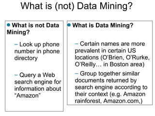 What is (not) Data Mining? What is Data Mining? Certain names are more prevalent in certain US locations (O’Brien, O’Rurke, O’Reilly… in Boston area) Group together similar documents returned by search engine according to their context (e.g. Amazon rainforest, Amazon.com,) What is not Data Mining? Look up phone number in phone directory Query a Web search engine for information about “Amazon” 