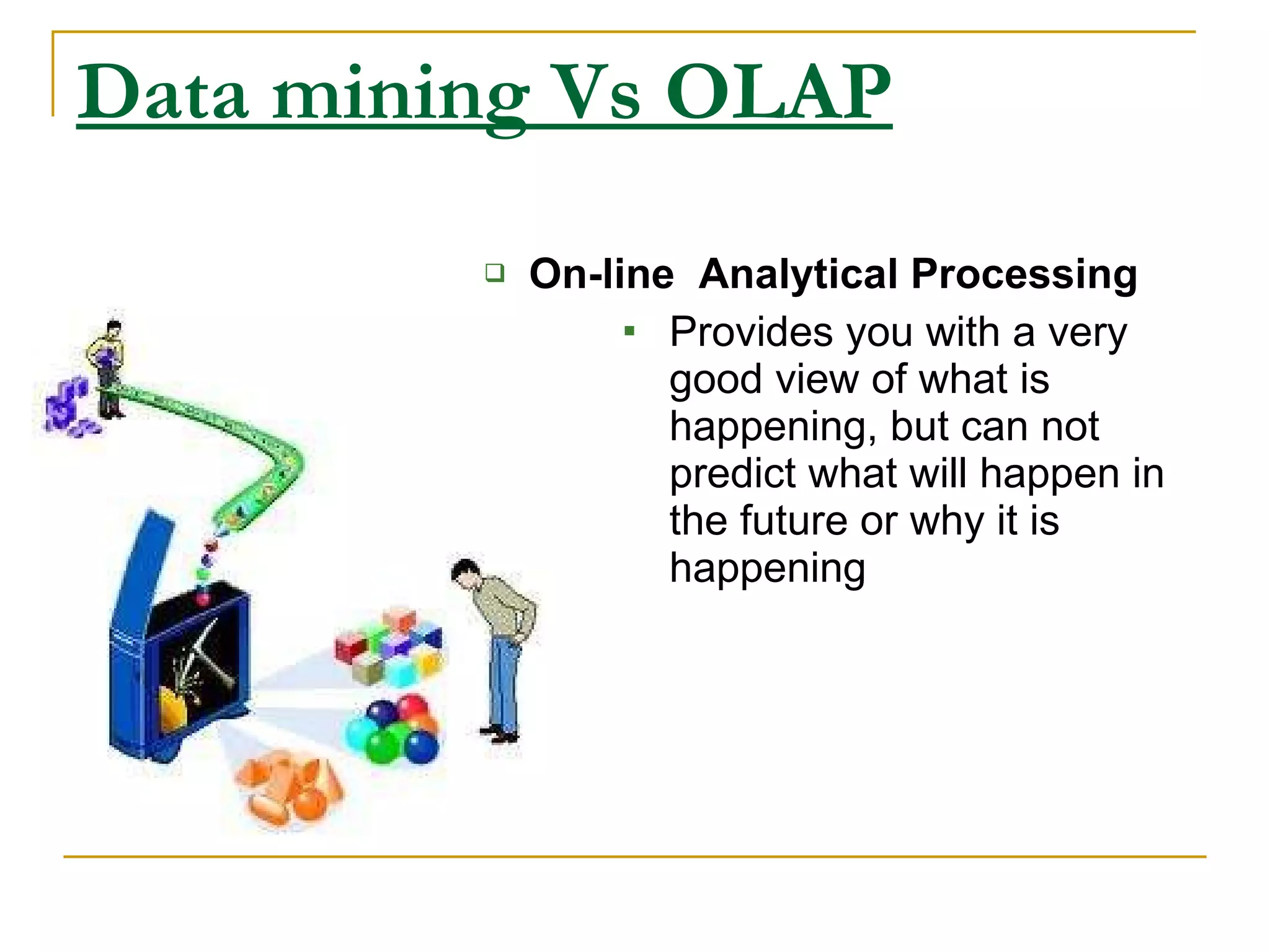 Data mining Vs OLAP On-line  Analytical Processing Provides you with a very good view of what is happening, but can not predict what will happen in the future or why it is happening 