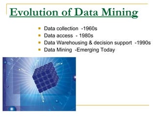 Evolution of Data Mining Data collection  -1960s Data access  - 1980s Data Warehousing & decision support  -1990s Data Mining  -Emerging Today 